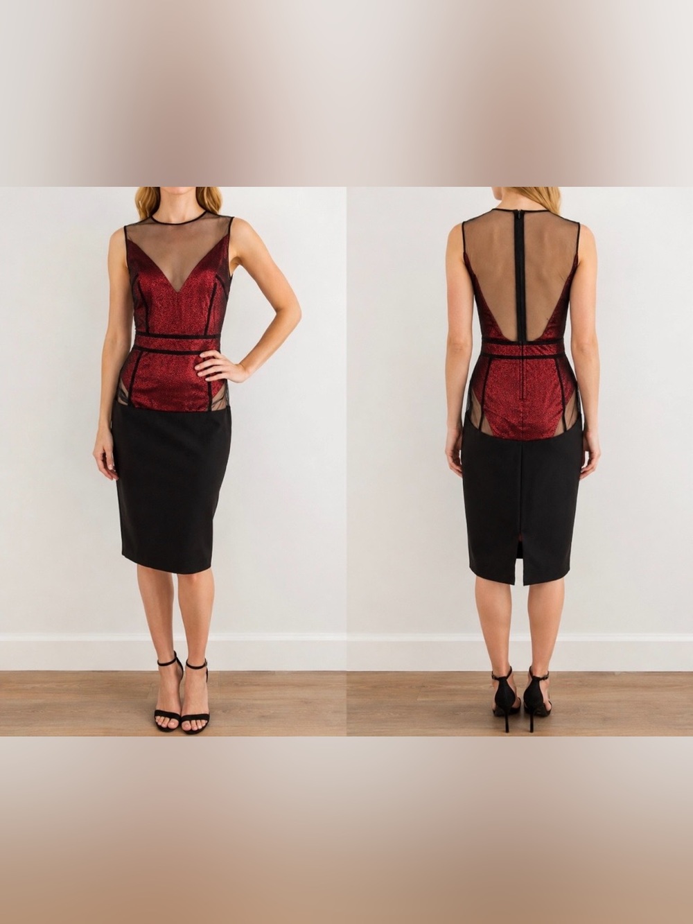 Murmur Red and Black Sheer Panel Midi Dress, US4